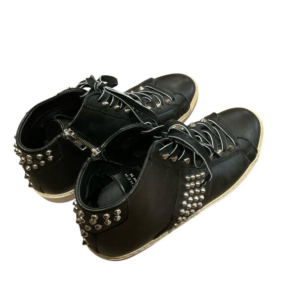 Leather Crown Studborn black Mid top Sneakers Silver Metal Studs Zipper Size 38 - Picture 8 of 12